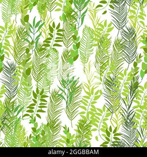 Seamless pattern of green leaves various trees. Foliage of natural branches. Green fresh beauty rustic eco background. Botanical design for textile, w Stock Vector