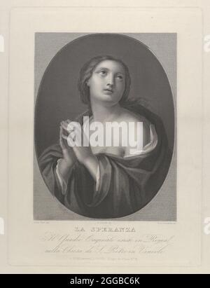 Female personification of Hope looking up with hands held together and left shoulder exposed, in an oval frame, after Reni, ca. 1835-81. Stock Photo