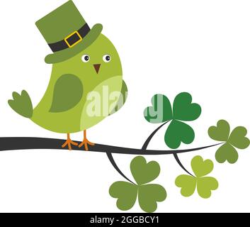Cute Green Bird Wearing St. Patrick Hat Sitting on Shamrock Branch. Vector St. Patrick Bird Stock Vector
