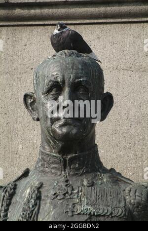 Close-up of a pigeon seated on the bust of Andrew Browne Cunningham, Trafalgar Square, London, UK