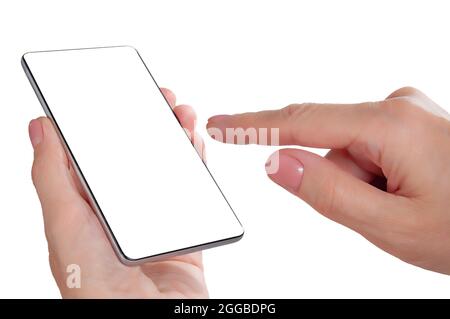 Smartphone in women's hand isolated on white background. Mock up of using of communication device and gadgets Stock Photo