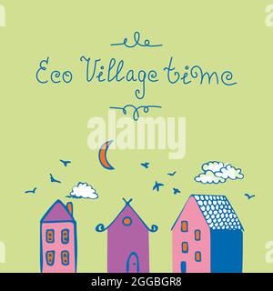 Vector illustration of an eco village with blue birds, orange moon and white clouds. Stock Vector