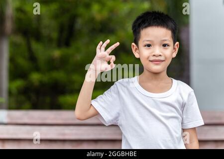 Cute smiling little child boy making OK gesture. Happy Asian boy in white t-shirt showing ok hand sign. Stock Photo