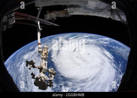 Washington, United States. 30th Aug, 2021. This image, taken aboard the International Space Station by European Space Agency astronaut and Expedition 65 crewmember Thomas Pesquet, shows Hurricane Ida as the storm churned in the Gulf of Mexico ahead of its landfall. The dangerous hurricane made landfall in Louisiana on Sunday, August 29, 2021, with maximum sustained winds of 150 miles per hour or 241 kilometers per hour. NASA/ESA/UPI Credit: UPI/Alamy Live News Stock Photo