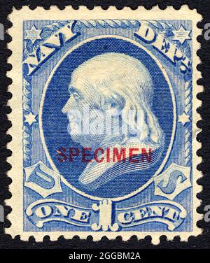 1c Franklin Navy Department special printing single, 1875. In 1875, Post Office Department officials decided to exhibit samples of all previously issued stamps at the Centennial Exposition in Philadelphia the following year. Since this required a special printing, the department ordered extra copies for sale to stamp collectors. Stock Photo