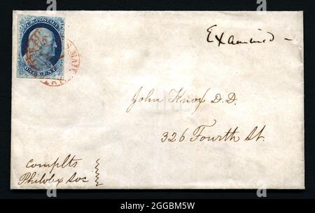 1c Franklin with New York Carrier cancel cover, c. 1852. Single 1c blue Franklin, type IV, cancelled with a red New York carrier handstamp, addressed to John Knox, D.D., 326 Fourth St., (New York City). Stock Photo