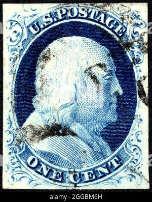 1c Franklin type IV single, 1852. Imperforate 1c blue, type IV, top and bottom frame lines recut top, or bottom, or both. Stock Photo