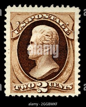 2c Andrew Jackson special printing single, 1875. Unused; special printing of 1873 issue;In 1875, Post Office Department officials decided to exhibit samples of all previously issued stamps at the Centennial Exposition in Philadelphia the following year. Since this required a special printing, the department ordered extra copies for sale to stamp collectors. Stock Photo