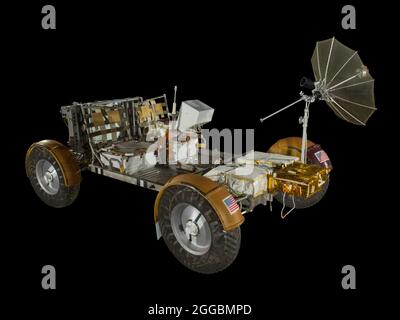 The Lunar Roving Vehicle (LRV) was a battery powered &quot;dune buggy&quot; taken to the moon on Apollo missions 15, 16, and 17. The LRV was stowed on the descent stage of the Lunar Module and deployed upon arrival at the lunar surface. The LRV was operated with a spacecraft &quot;stick,&quot; rather than a steering wheel, and could move forward and backwards. In addition to the flight vehicles, Boeing manufactured eight non-flight units for development and testing. One, the &quot;Qualification Test Unit,&quot; was a very close replica of the units that flew. Using special test chambers, engin Stock Photo