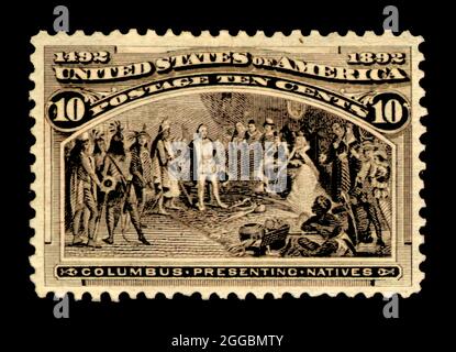 10c Columbus Presenting Natives single, 1893. Mint;Design of the stamp taken from a painting by Luigi Gregori entitled &quot;Columbus Presenting Natives&quot;. Printed in sheets of 100, cut into panes of 50 for distribution. A few sheets of 100 remain intact today, as well as panes of 50. Quantity issued: 16,516,950. Stock Photo