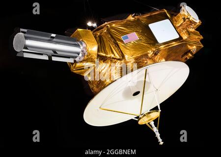 Spacecraft, New Horizons, Mock-up, model, 2008. New Horizons was the first spacecraft to visit Pluto and the Kuiper Belt in the outer solar system. It was launched aboard an Atlas V rocket from Cape Canaveral Air Force Base, Florida, on January 19, 2006, and conducted a Jupiter flyby 13 months later to gain further acceleration. On 14 July 14 2015 New Horizons made its closest approach to Pluto. The half-ton spacecraft contained scientific instruments to map the surface geology and composition of Pluto and its three moons, investigate Pluto's atmosphere, measure the solar wind, and assess inte Stock Photo