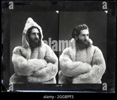Portraits of Emil Bessels in fur parka, 1880. Arctic explorer Emil Bessels models a hooded fur coat acquired during a polar expedition.