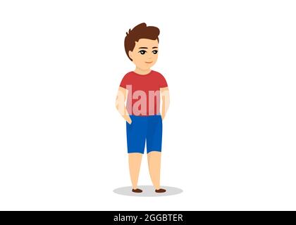 Boy stands and smiles in blue shorts and red t-shirt. Vector isolated eps illustration Stock Vector