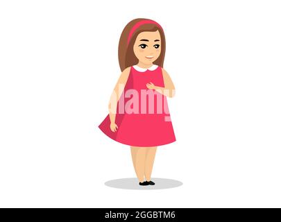 Girl stands and smiles in pink dress and headband. Vector isolated eps illustration Stock Vector