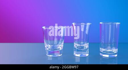 Three 3 Different Shooter or shot glasses in a row, 3d rendered on a colorful party themed background. Stock Photo