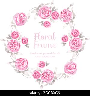 Romantic frame with pink rose flowers and abstract gray leaves drawn in watercolor. Template for wedding invitations, greeting cards, labels Stock Vector