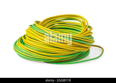 Solid wire in yellow-green insulation for electrical grounding of equipment isolated on white Stock Photo