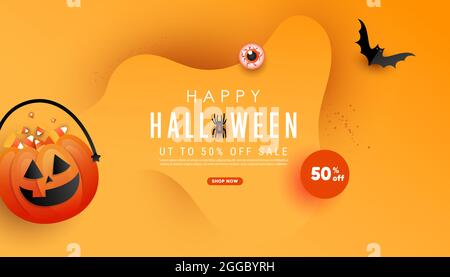 Trendy art Happy Halloween template poster with orange trick or treat pumpkin and color candy, bats, spider and creative hand draw text on orange Stock Vector