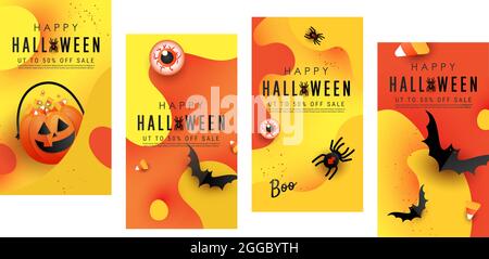 A set of halloween themed party decorations. Vector illustration. Templates for social media stories Stock Vector