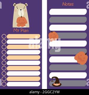Autumn planner organizer with cute bear with pumpkin for Halloween holiday on purple background with witch hat. A set of vertical templates - my Plan Stock Vector