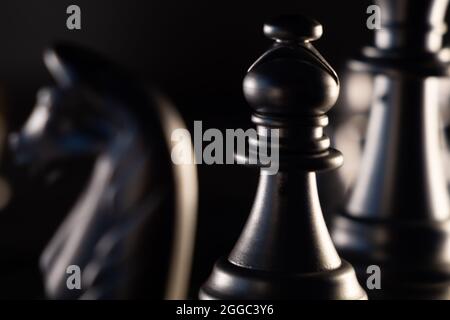 View of chessmen on a chessboard-concept of a strategy Stock Photo