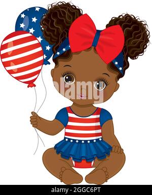 Patriotic Cute African American Baby Girl Holding Air Balloons. Vector Little Black Baby Girl Stock Vector