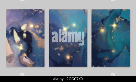 Abstract blue and gold alcohol ink pattern with marble texture Stock Vector
