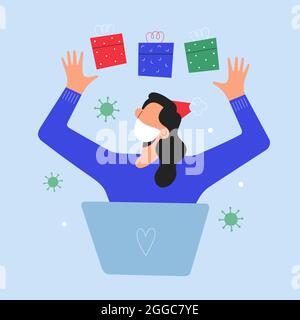 Christmas shopping online, woman using laptop to order Christmas gifts for family, using delivery service during covid pandemic, vector illustration Stock Vector