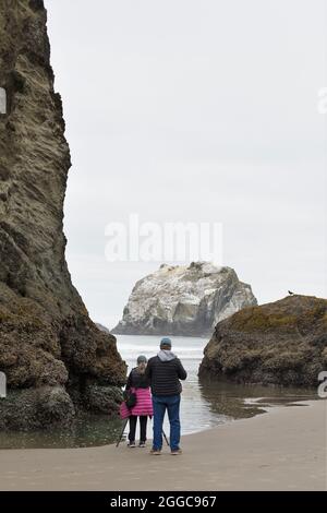 A photographer with a tripod taking pictures at Face Rock Beach in Bandon, Oregon, USA. Stock Photo