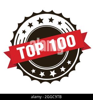 TOP 100 text on red brown ribbon badge stamp. Stock Photo