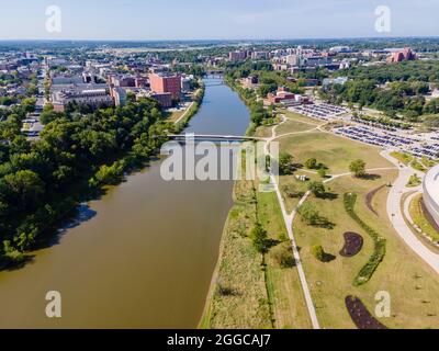 Aerial photograph of the beautiful University of Iowa campus and environs, Iowa City, Iowa, USA. Stock Photo