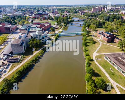 Aerial photograph of the beautiful University of Iowa campus and environs, Iowa City, Iowa, USA. Stock Photo
