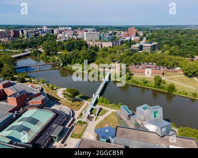 Aerial photograph of the beautiful University of Iowa campus and environs, Iowa City, Iowa, USA. Stock Photo
