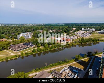 Aerial photograph of the beautiful University of Iowa campus and environs, Iowa City, Iowa, USA. Stock Photo