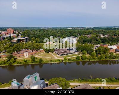 Aerial photograph of the beautiful University of Iowa campus and environs, Iowa City, Iowa, USA. Stock Photo