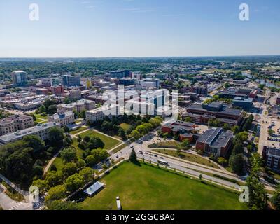 Aerial photograph of the beautiful University of Iowa campus and environs, Iowa City, Iowa, USA. Stock Photo