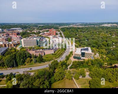 Aerial photograph of the beautiful University of Iowa campus and environs, Iowa City, Iowa, USA. Stock Photo