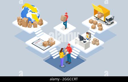 Global logistics network isometric illustration. Isometric Logistics and Delivery concept. Delivery home and office. City logistics. Warehouse, truck Stock Vector