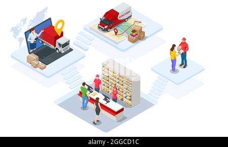 Global logistics network isometric illustration. Isometric Logistics and Delivery concept. Delivery home and office. City logistics. Warehouse, truck Stock Vector