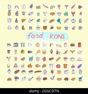 colorful food icon set in sticker style hand drawn isolated on yellow background Stock Vector
