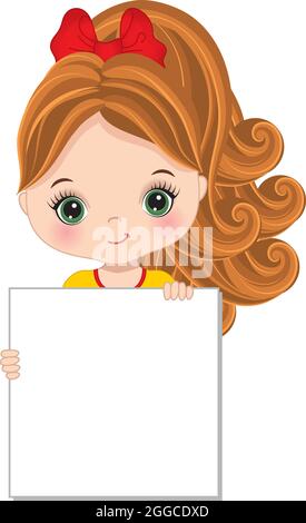 Cute Little Redheaded Girl Holding Blank Banner for Your Text to Customise. Vector Little Girl with Banner Stock Vector