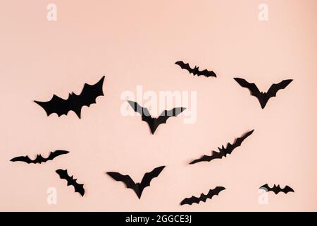 Halloween concept. Bats and spiders on a pink background. Festive decorations. Stock Photo