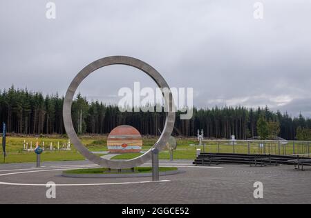 Transinne, Wallonia, Belgium - August 10, 2021: Euro Space Center. Outdoor park with rocket models and layout of planet configuration of solar system Stock Photo