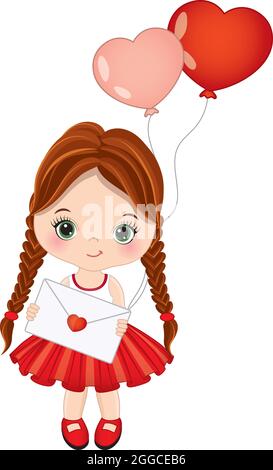 Cute Little Redheaded Girl Holding Heart Shape Air Balloons. Vector Cute Girl with Balloons  Stock Vector