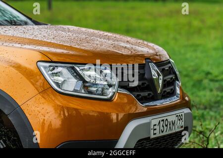 MOSCOW, RUSSIA - MAY 08, 2021 Renault Duster second generation details view. Exterior close up view of car bonnet and modern headlights. Stock Photo