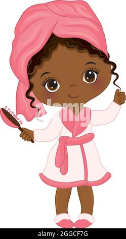 Cute Spa Black Girl Wrapped in Towel and Holding Hair Brush. Vector Spa ...