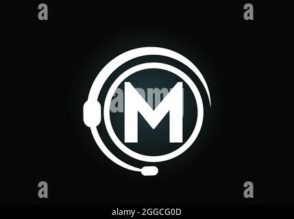 Initial M monogram letter alphabet and support service with headphones. Headphone logo. Hotline customer advice, call center help. Modern vector logo Stock Vector