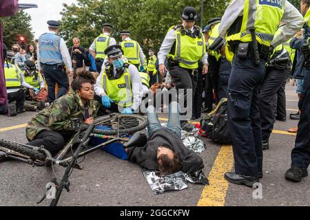 London, UK. 30th Aug, 2021. Two protesters seen locked together during the Extinction Rebellion's The Impossible Tea Party protest against the lack of action to the climate crisis. Credit: SOPA Images Limited/Alamy Live News Stock Photo