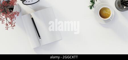 Top view, Empty space for product display on white background with blank notebook, coffee, flower in vase, pencils, space for product scene, 3d render Stock Photo