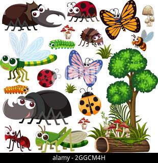Seamless pattern with many different beetles character on white background illustration Stock Vector